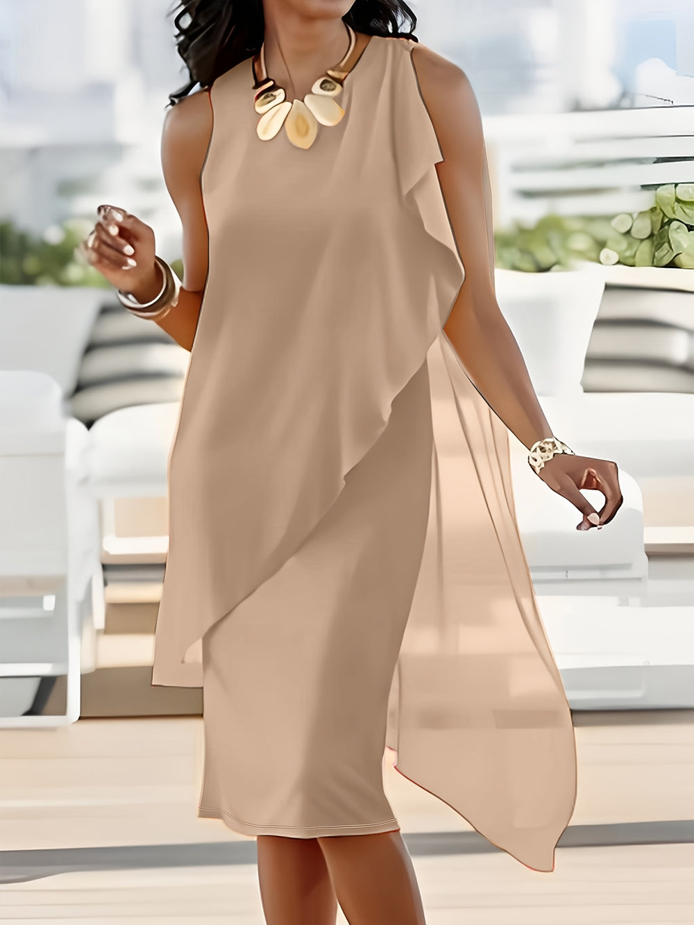 Elegant Sleeveless Chiffon Drape Midi Dress