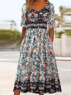 Bohemian Pattern Short Sleeve Casual Long Dress - Plus Size