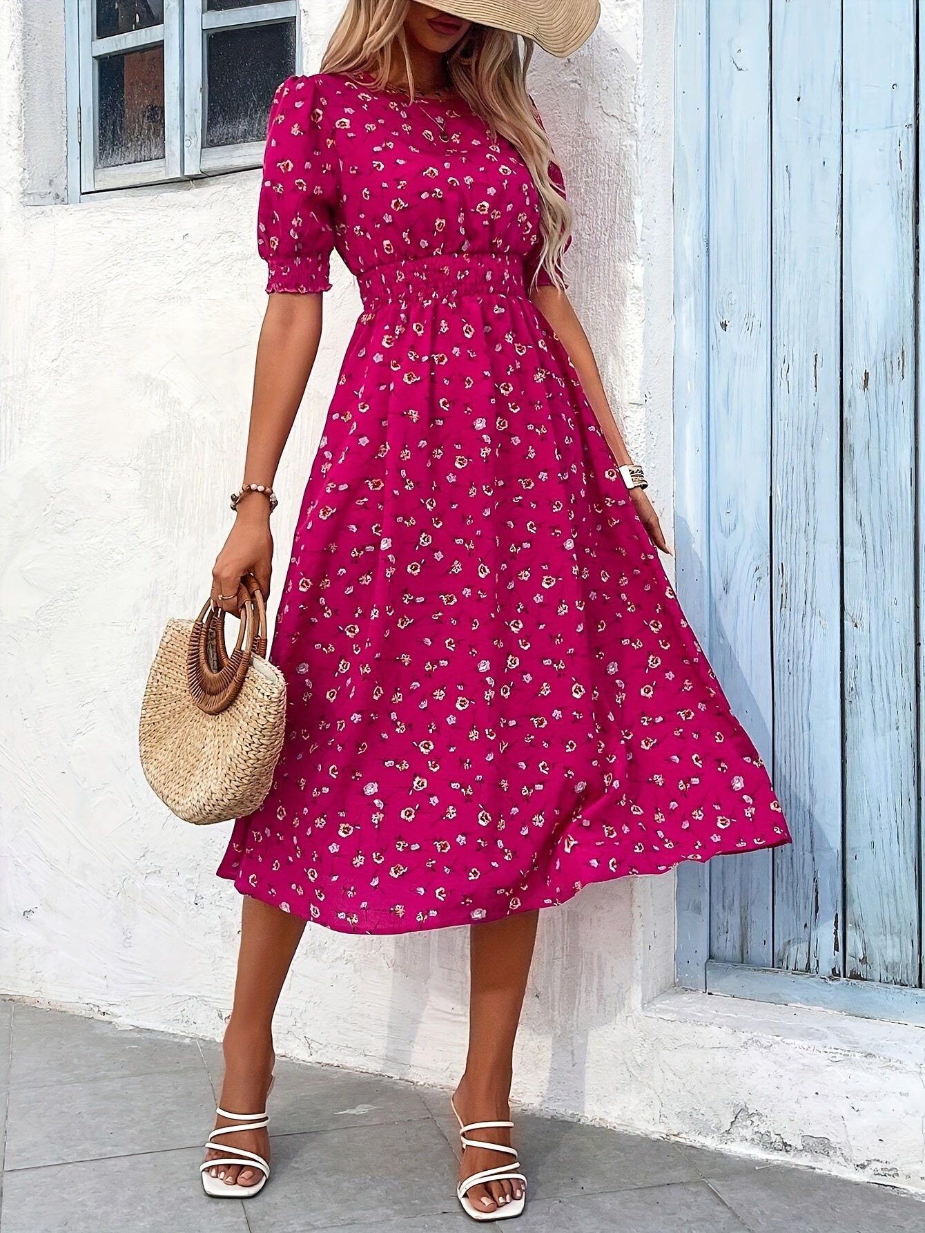 Casual Smocked Ditsy Floral Midi Dress