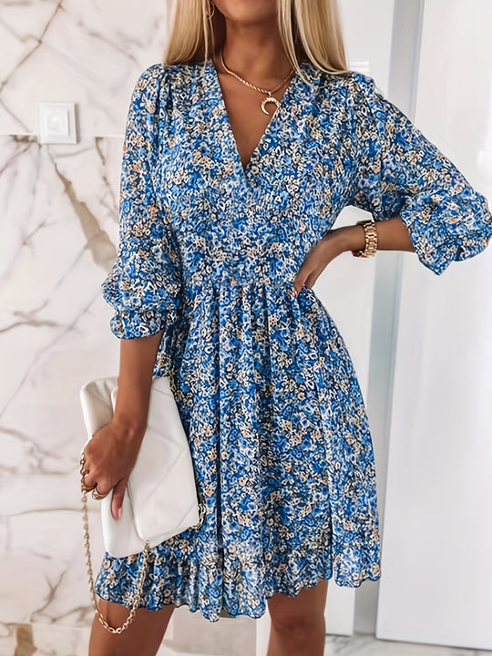 Casual V-Neck Floral Smocked Mini Dress