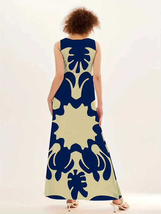 Sleeveless Abstract Print Flowy Boho Maxi Dress