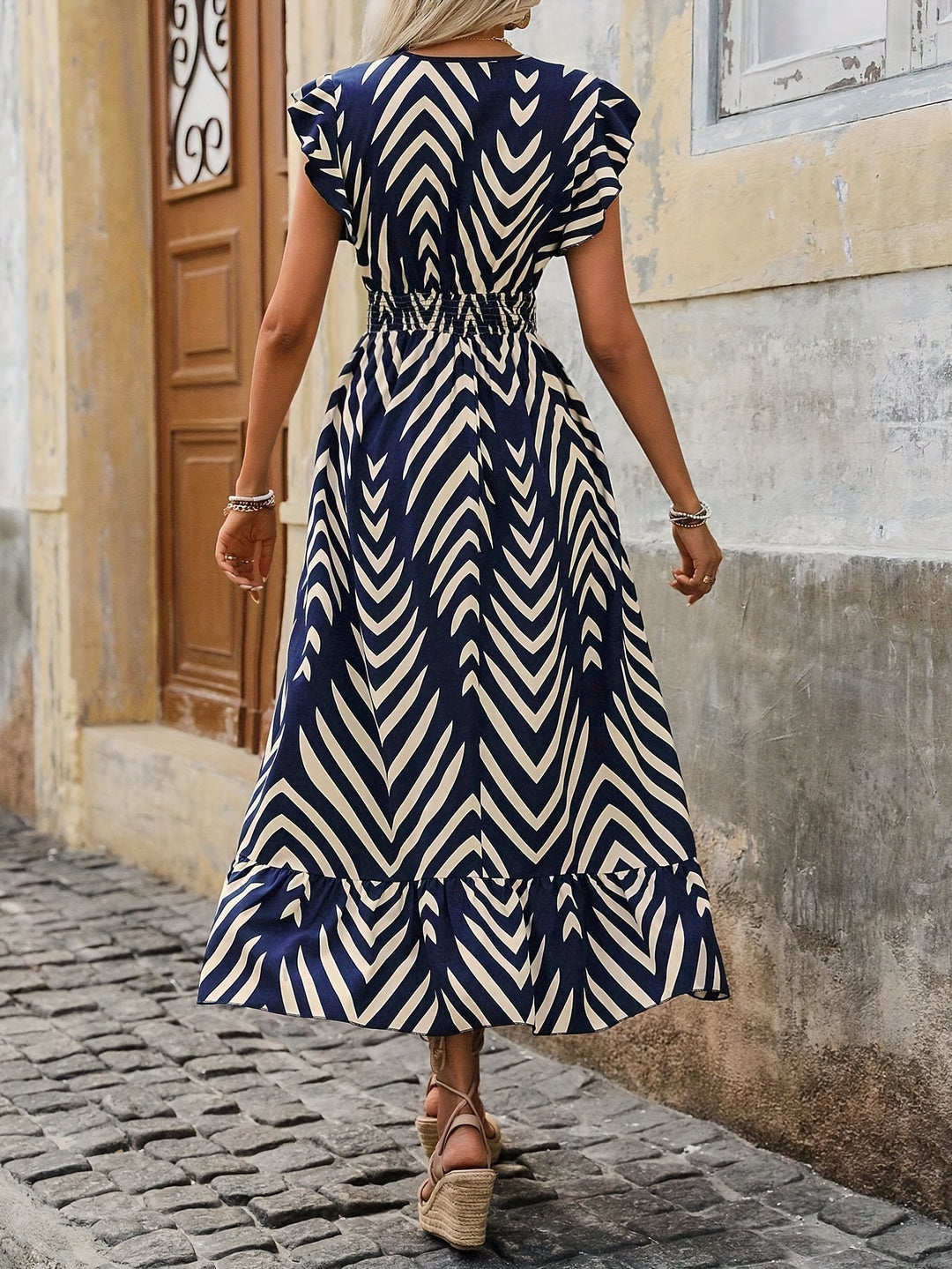 Chevron Print Smocked Waist Maxi Dress