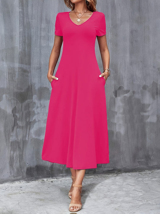 Casual V-Neck Pocket Midi Dress