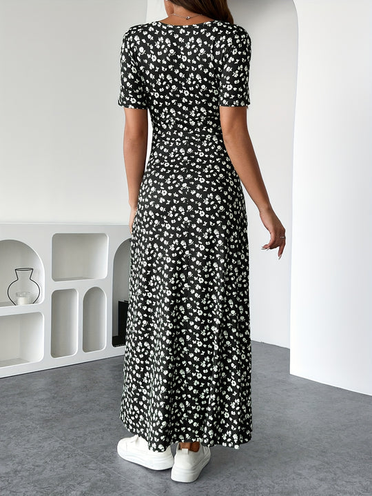 Short Sleeve Surplice Floral Long Dress