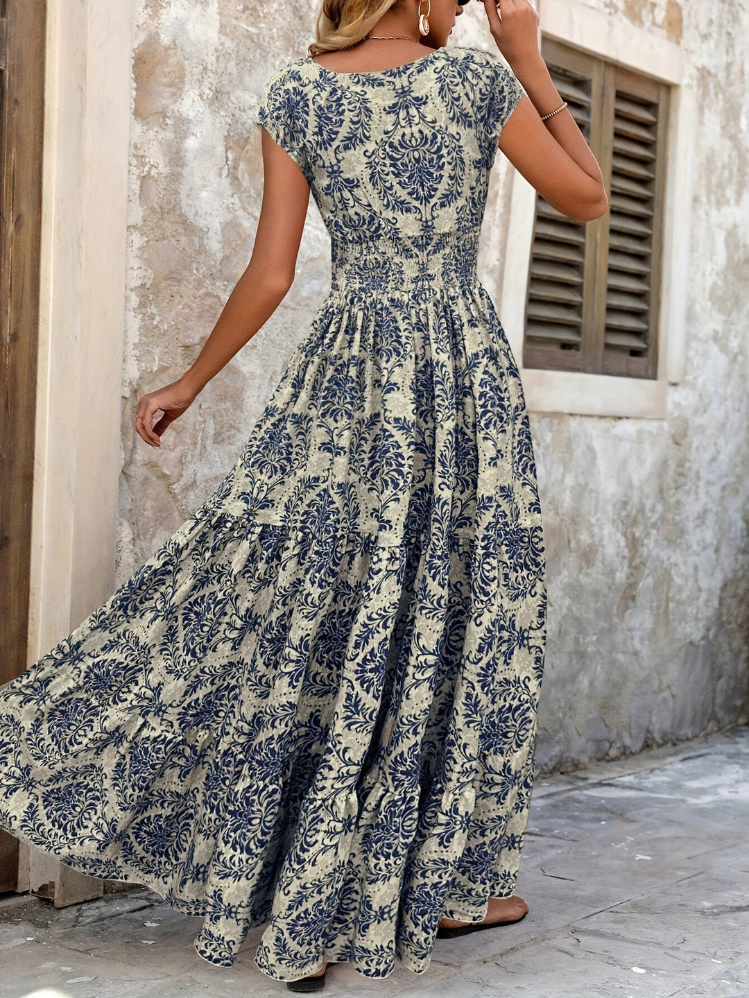 Bohemian Damask Print Smocked Maxi Dress