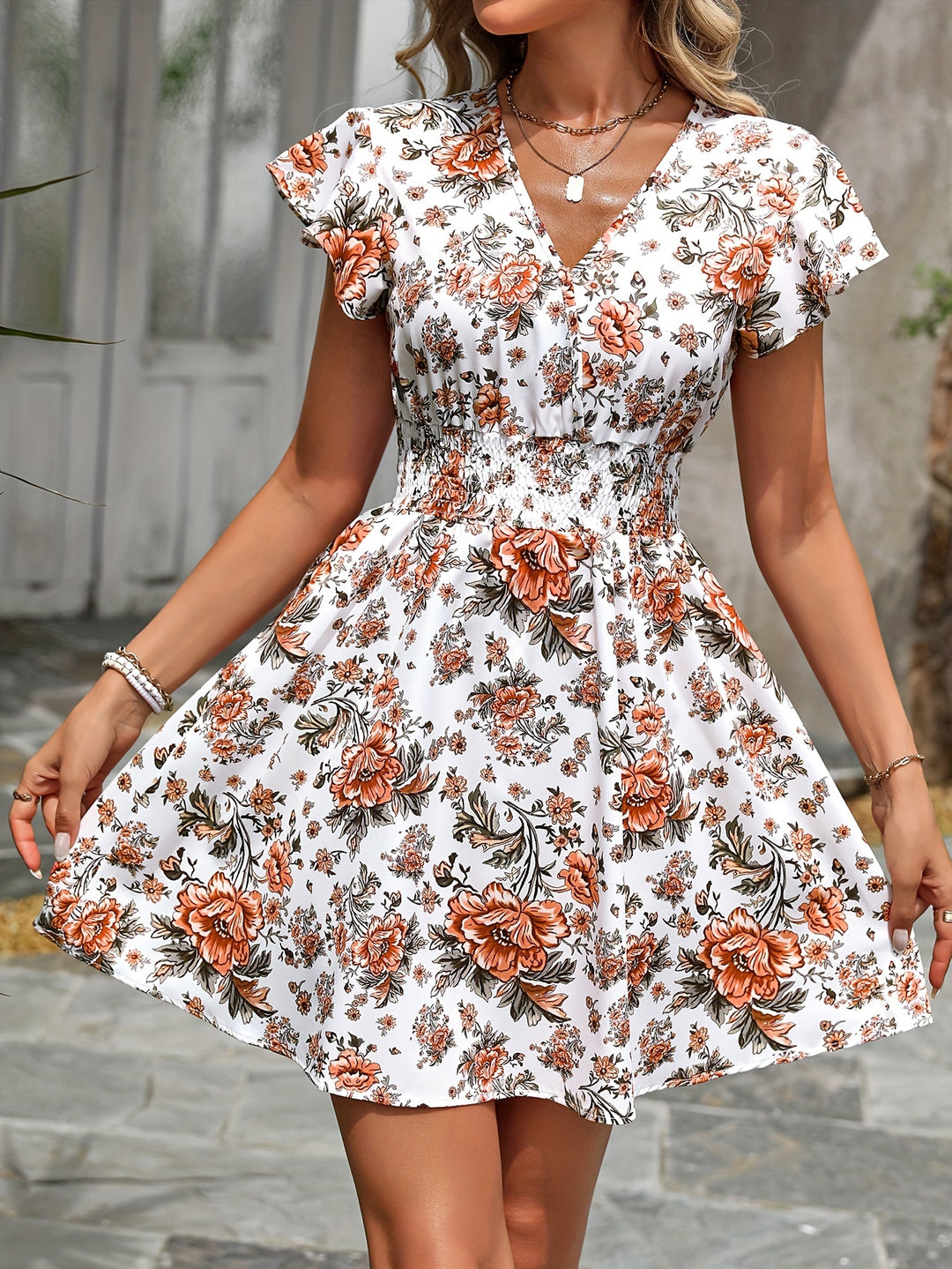 V-Neck Floral Smocked Waist Bohemian Dress
