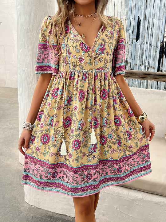 Floral Patchwork Crochet Hem Summer Dress