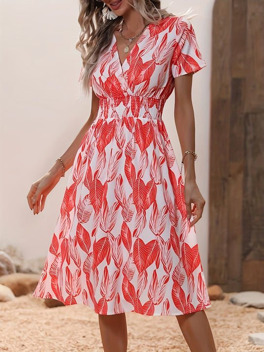 Casual Leaf Print Smocked Midi Dress