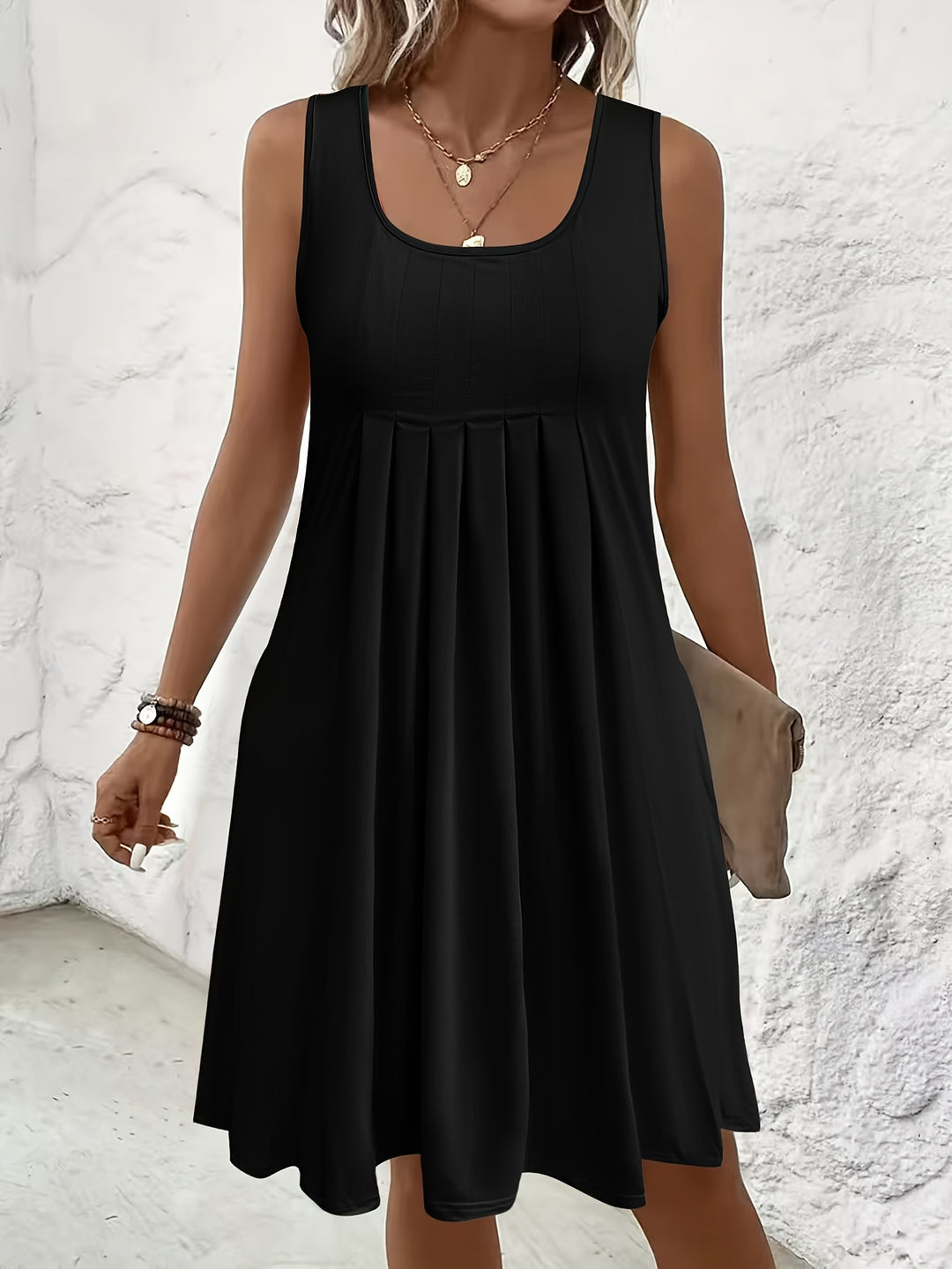 Casual Pleated Front Sleeveless Mini Dress
