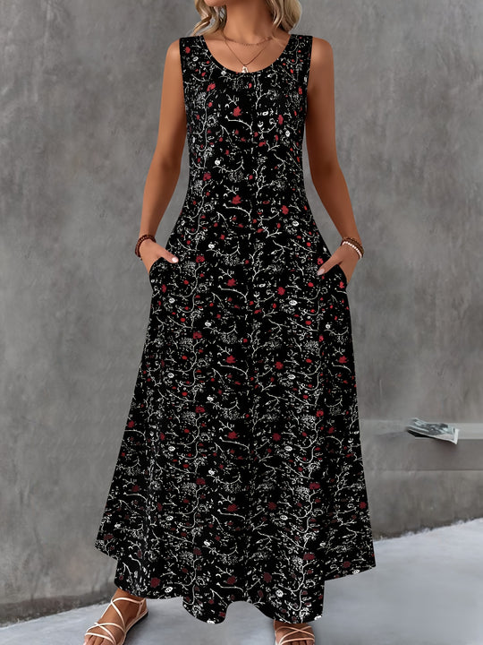 Sleeveless Floral Print Maxi Dress with Pockets - Plus Size
