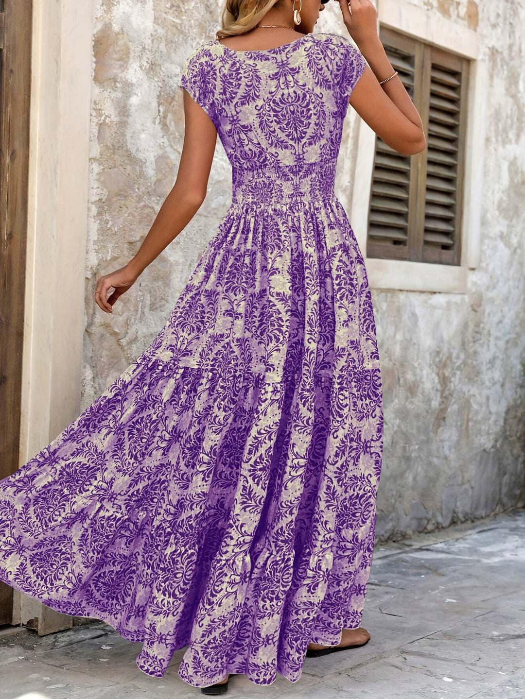 Smocked Bodice Vintage Print Bohemian Dress