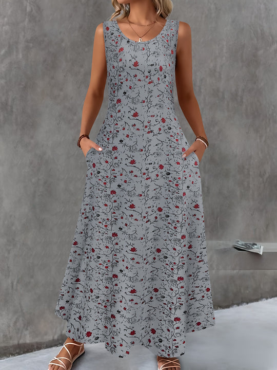 Sleeveless Floral Print Maxi Dress with Pockets - Plus Size