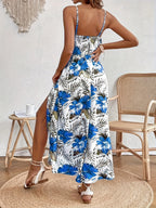Tropical Print Cutout Slit Maxi Dress