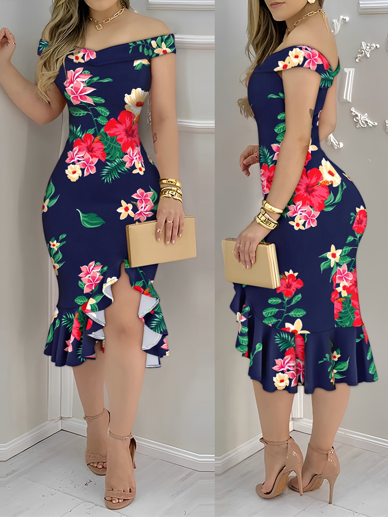 Off-The-Shoulder Ruffle Hem Dress