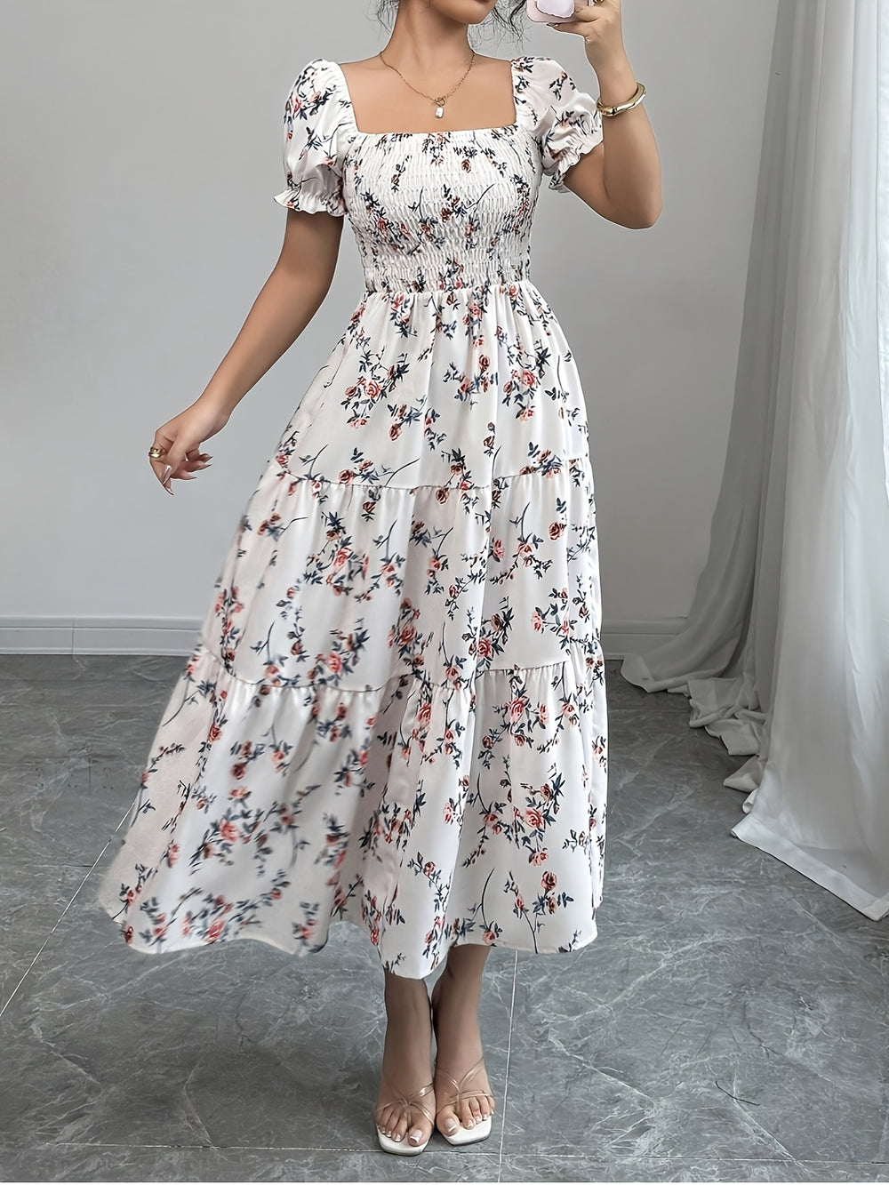 Floral Smocked Bodice Puff Sleeve Midi