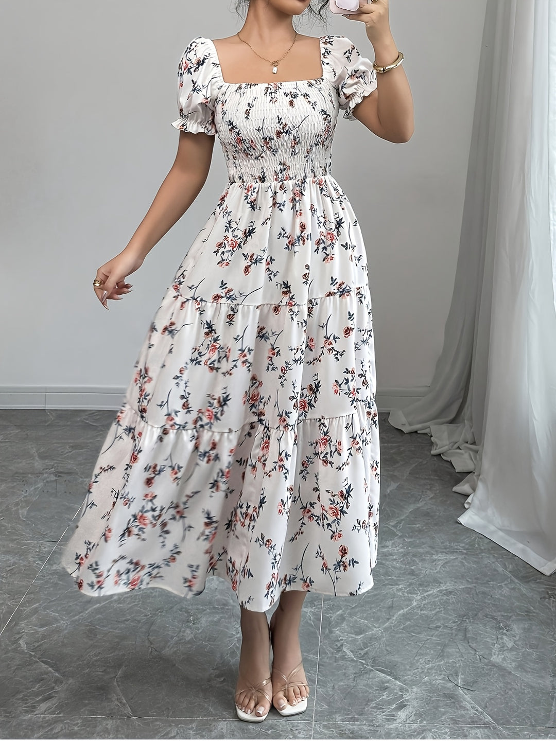 Floral Smocked Bodice Puff Sleeve Midi