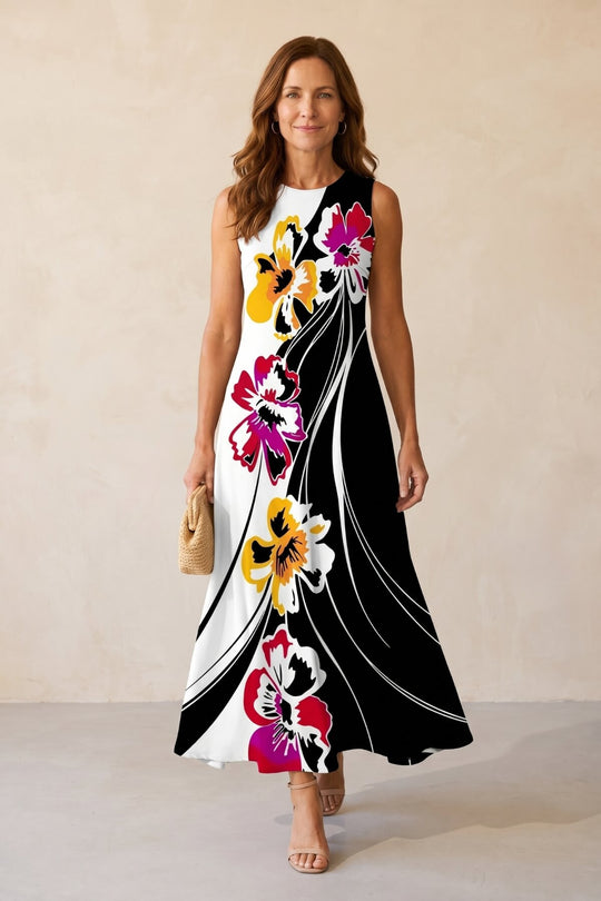 Abstract Floral Print Sleeveless Long Dress