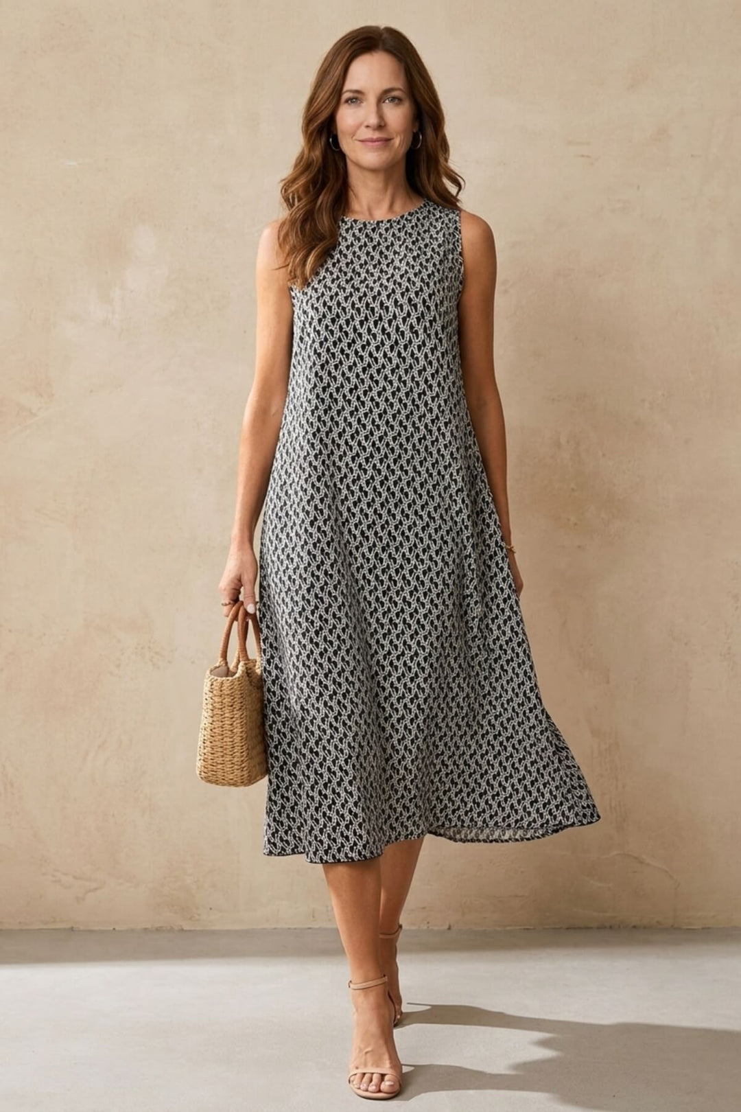 Abstract Pattern High Neck Sleeveless Summer Midi Dress