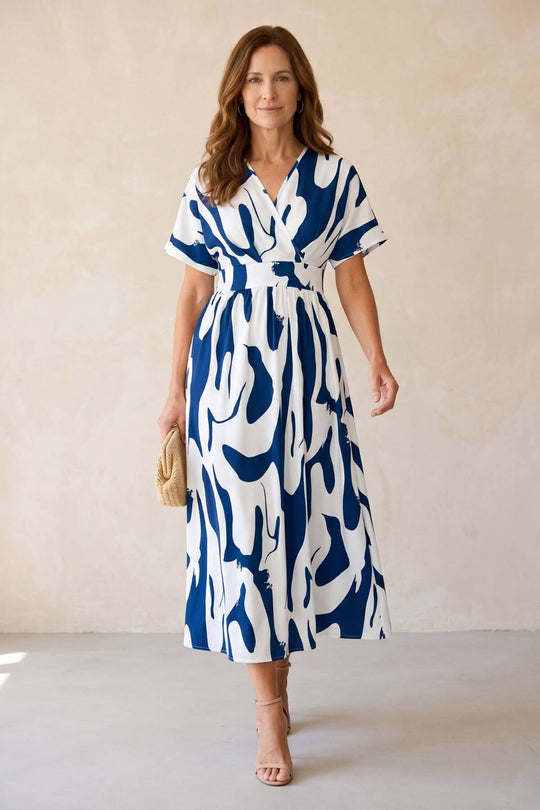 Abstract Print Flutter Sleeve V-Neck Midi Dress