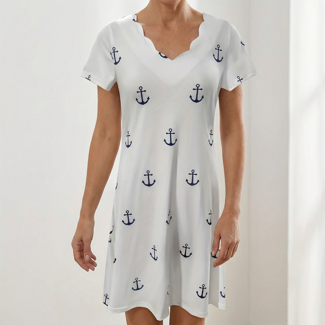 Coastal Anchor Print Scalloped Edge Flowy Summer Dress