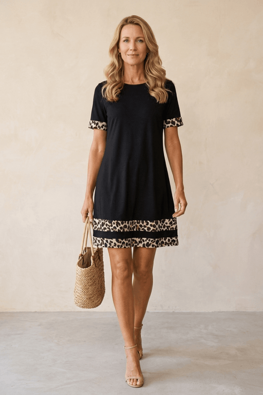 Animal Print Trim Short Sleeve Mini Bohemian Dress