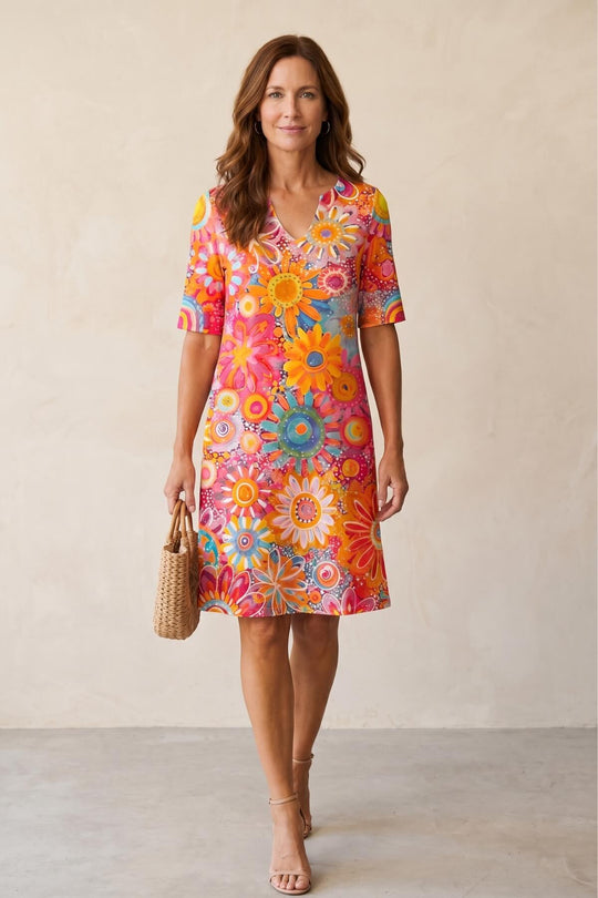 Artsy Floral V-Neck Relaxed Shift Dress