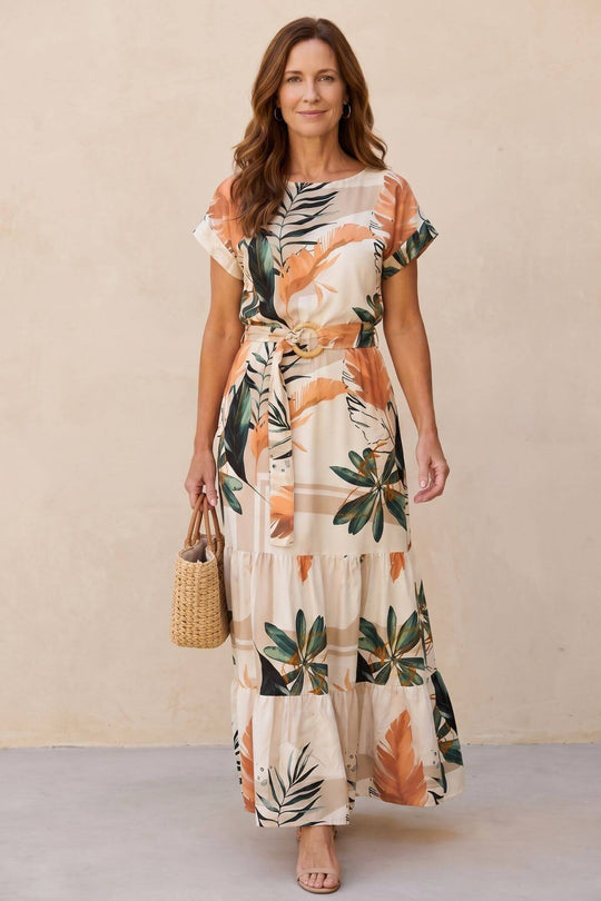 Belted Botanical Print Tiered Summer Maxi Dress