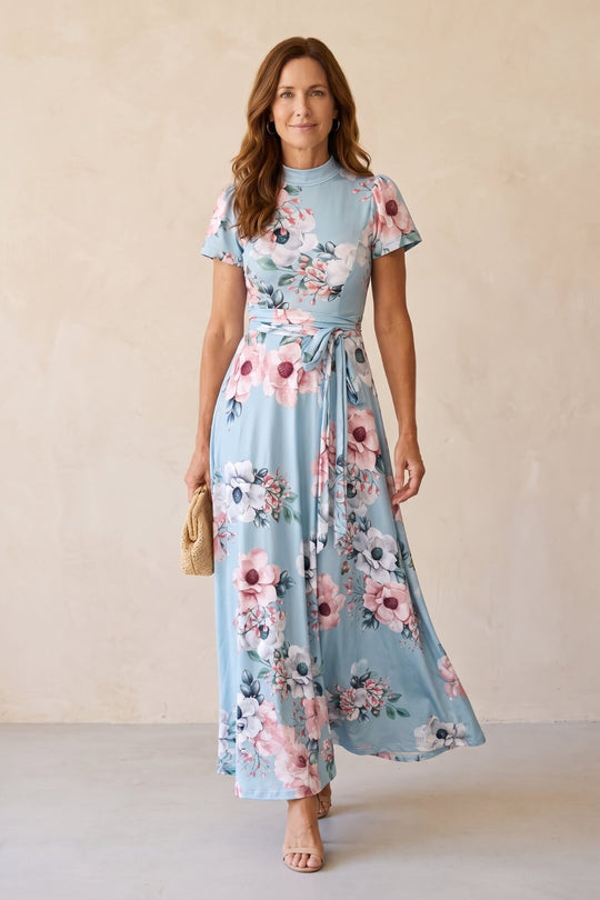 Belted High-Neck Floral Occasion Retro Dress
