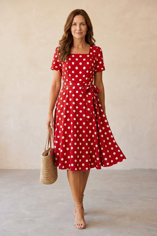 Belted Polka Dot A-Line Summer Dress