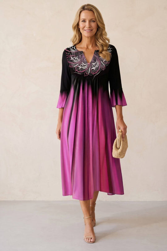 Black and Pink Ombre 3/4 Bell Sleeve Midi Dress