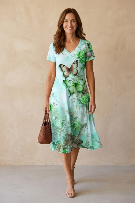 Bohemian Butterfly Print V-Neck Short Sleeve Dress - Plus Size