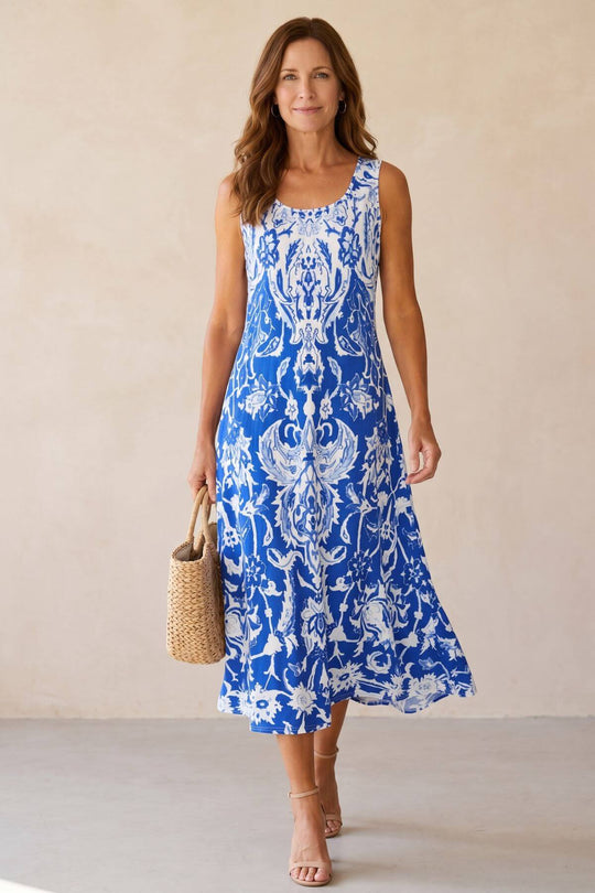 Bohemian Damask Print Sleeveless Summer Dress