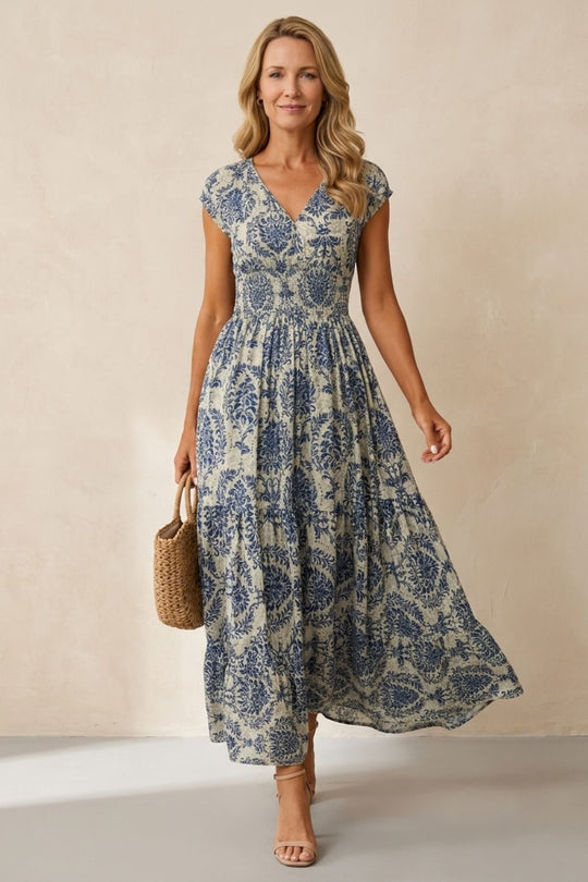 Bohemian Damask Print Smocked Maxi Dress