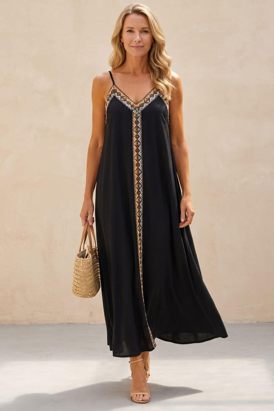 Bohemian Embroidered Trim V-Neck Maxi Dress