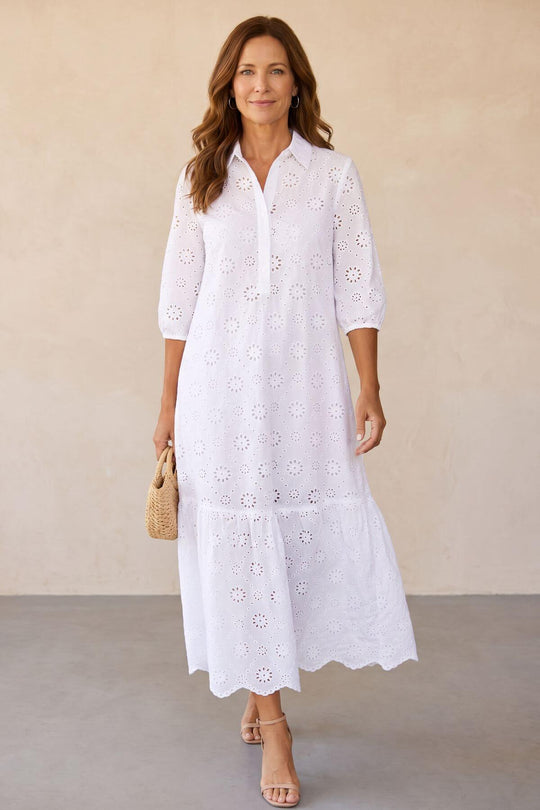 Bohemian Eyelet Button Front Maxi Dress