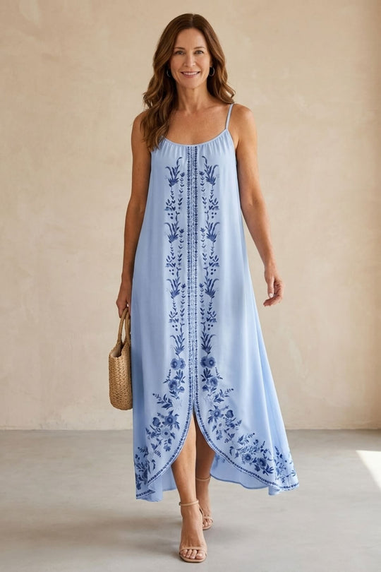 Bohemian Floral Pattern Layered Spaghetti Strap Dress