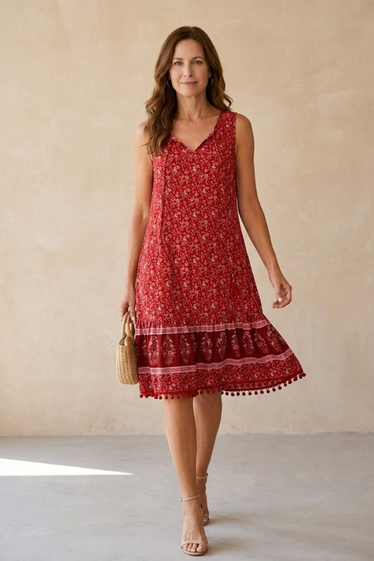Bohemian Floral Pom-Pom Trim Midi Dress