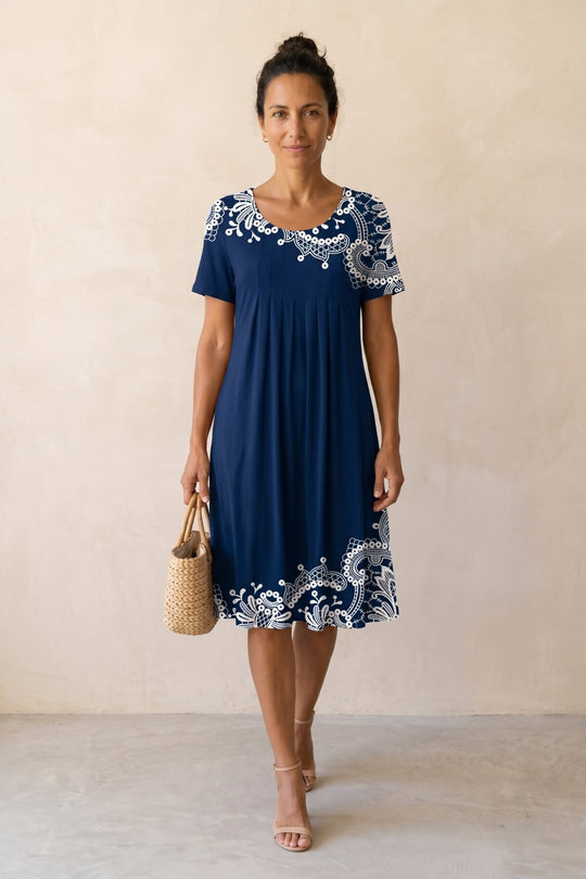 Bohemian Lace Print Short Sleeve Pocket Midi Dress - Plus Size