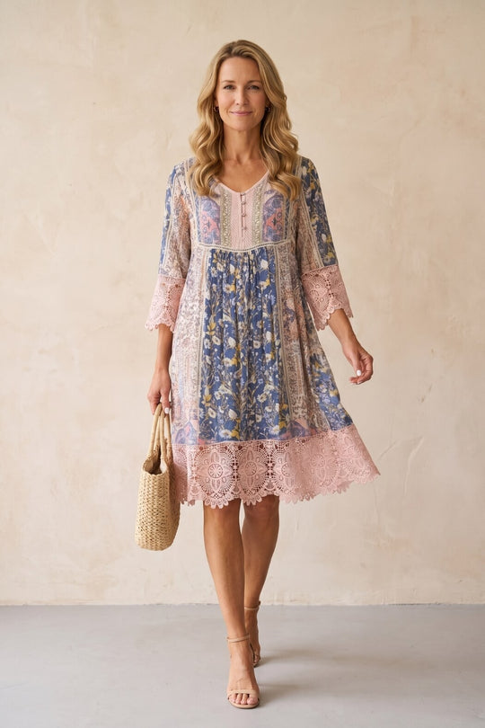 Bohemian Mixed Print Lace Trim Dress