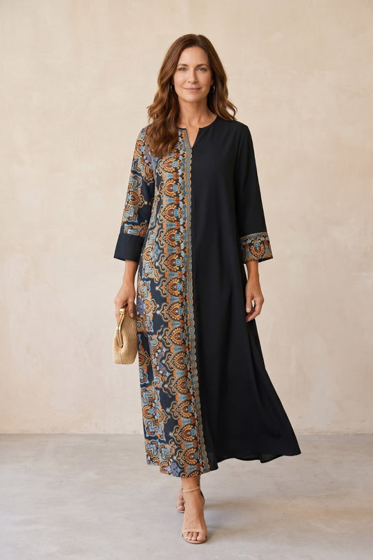 Bohemian Notch Neck Contrast Print Maxi Dress