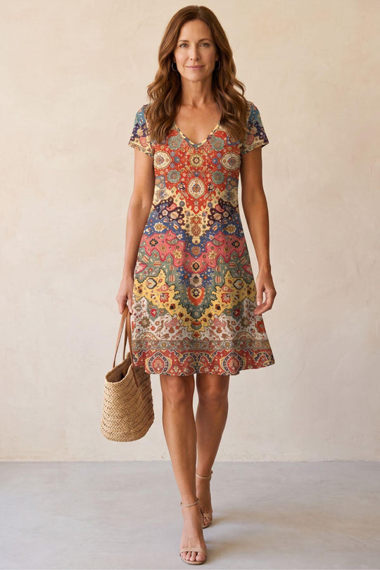 Bohemian Paisley Print V-Neck Shift Dress