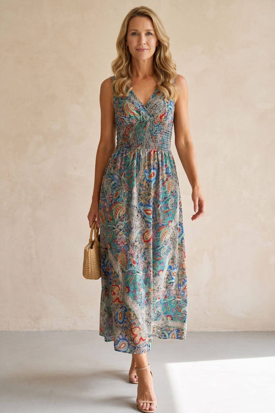 Bohemian Paisley Smocked Waist Maxi Dress