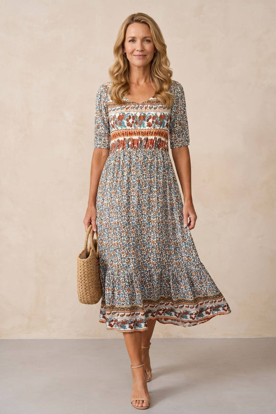 Bohemian Pattern Short Sleeve Casual Long Dress - Plus Size