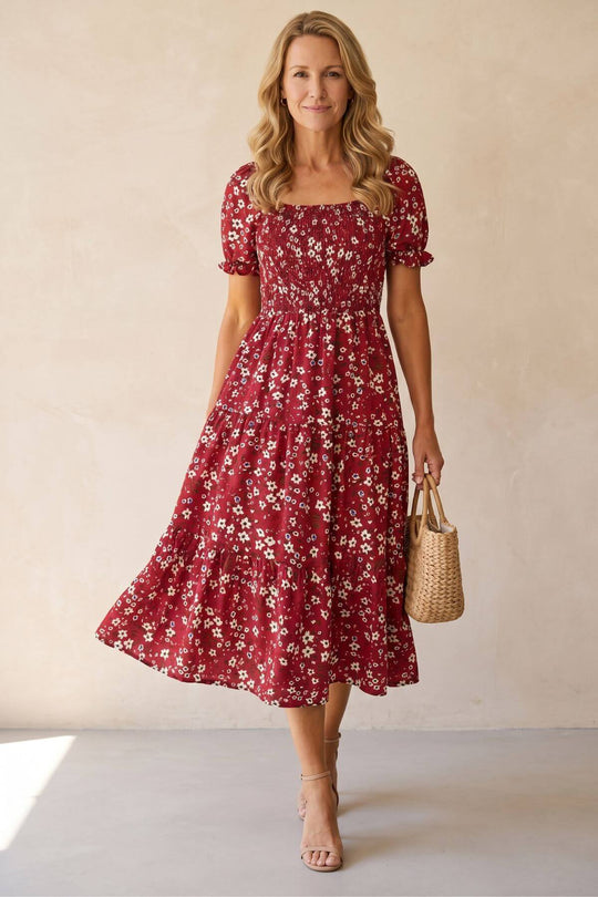 Bohemian Puff Sleeve Tiered Midi Dress