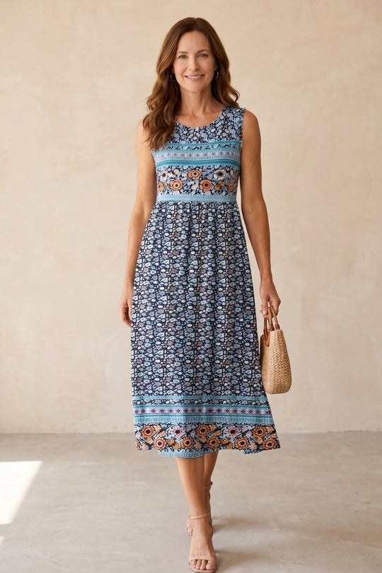 Bohemian Round Neck Floral Print Midi