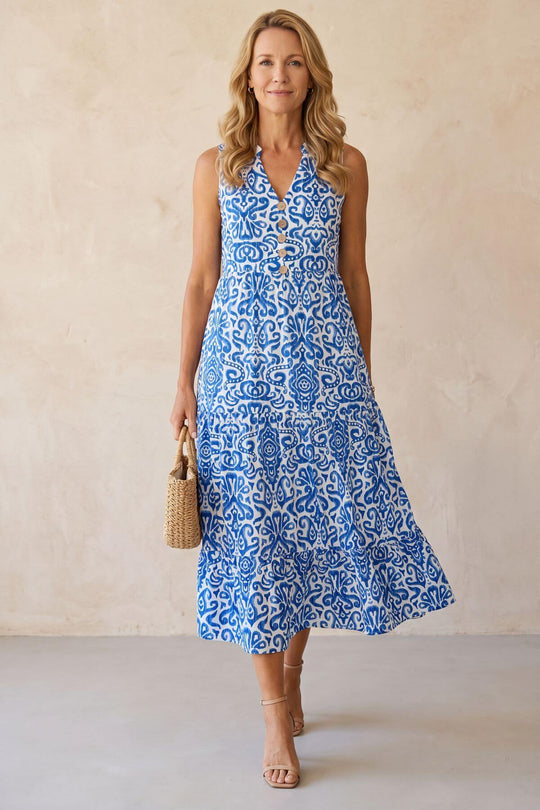 Bohemian V-Neck Button Front Midi Dress