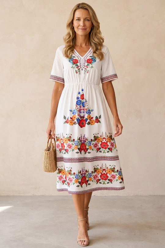 Bohemian V-Neck Embroidered Floral Midi Dress