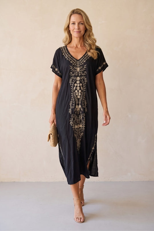 Bohemian V-Neck Embroidered Kaftan Maxi Dress