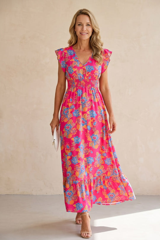 Bohemian V-Neck Flutter Sleeve Floral Maxi Dress