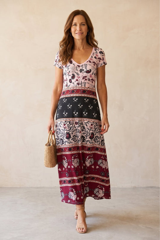 Bohemian V-Neck Mixed Print Maxi Dress